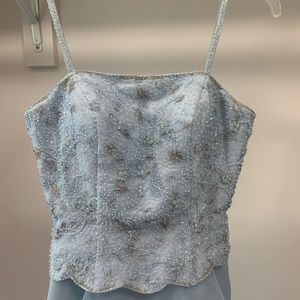 Long dress, light blue, and great fabric.